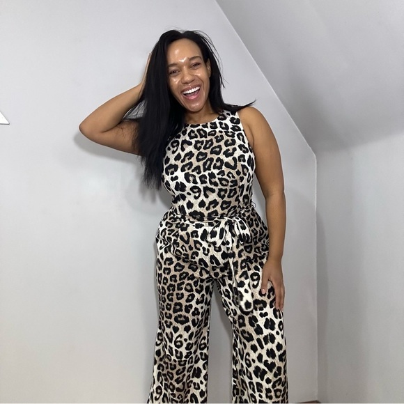 French Connection Leopard Print Jumpsuit Animal Print Wide Leg Romper Neutral - Picture 1 of 11